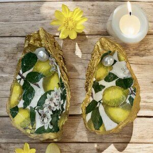 Handmade Decoupage Oyster Shell Trinket Dish Lemons, Pearl, Gold Trim